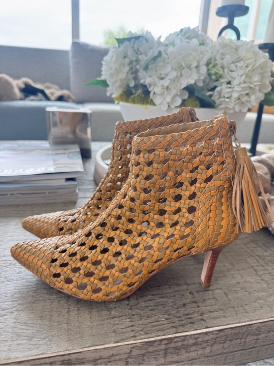 Ulla Johnson Shoes - Ulla Johnson Woven Tan Leather Ankle Booties with Tassel